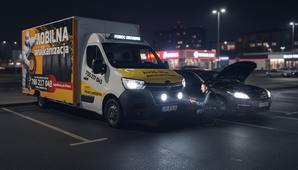 Awaryjne odpalanie aut – technik pomocy drogowej AUTO-HOL podłącza kable rozruchowe do samochodu