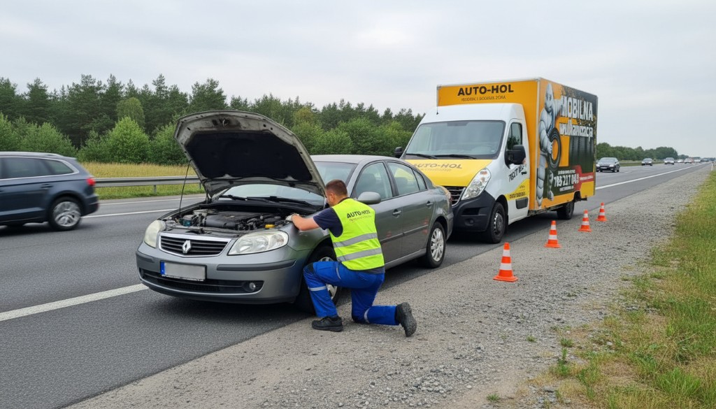Diagnostyka komputerowa – technik AUTO-HOL przegląda silnik przy awarii na drodze